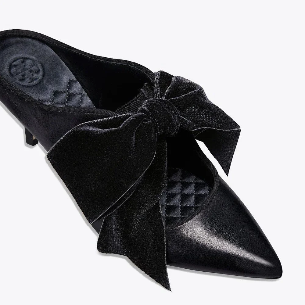 NWOB Tory Burch Clara Leather Mule w. Velvet Bow, Pointed Toe, Perfect‎ Black